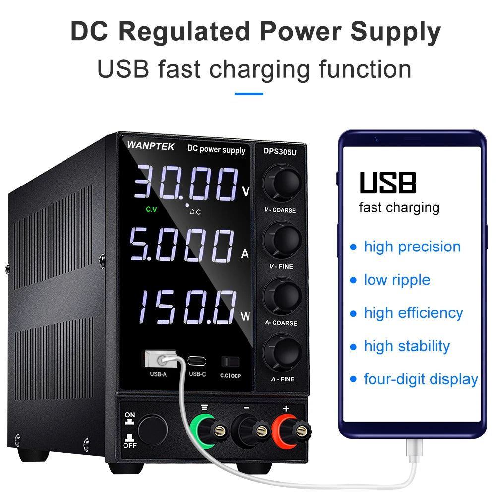 Wanptek Adjustable DC Power Supply 30V 10A LED Lab Bench Power Source Stabilized Switch Power Supply Voltage Regulator 60V 5A