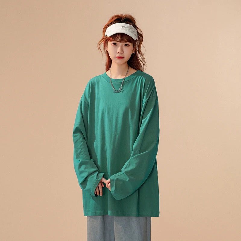COUTUDI-Oversized T-Shirt for Women, Loose Pullover,Long Sleeve, Casual 100% Cotton Tee Shirt, Lady Tops, Korean Streetwears