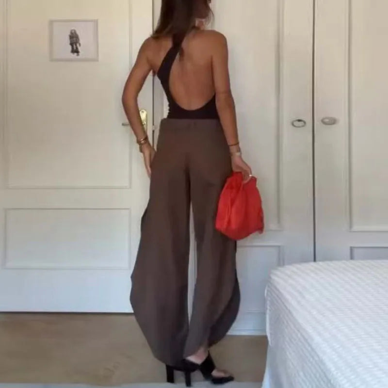 Sexy One Shoulder Backless Hollow Out Top+Wide Leg Pants Suit Woman Solid 2 Piece Sets Summer Sleeveless Streetwear Outfit Mujer.