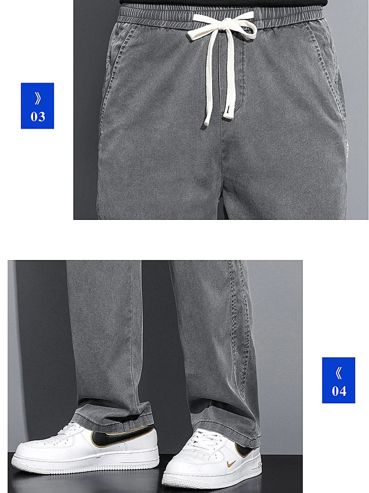 2024 Spring/Summer New Soft Lyocell Fabric Men's Jeans Thin Loose Straight Leg PantsDrawstring Elastic Waist Korean casual pants