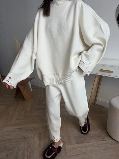 Bornladies Autumn Winter Women's New Turtleneck Knit Sweater Skinny Knit Pants Set Soft Oversized Ripped Hem Fashion Pullover.
