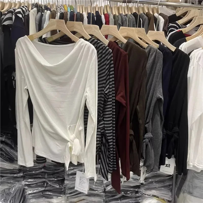Women's Long Sleeve Striped T-Shirt Shoulder Baring Side Tie Base Shirt Versatile Autumn Fashion Design Cotton Top.