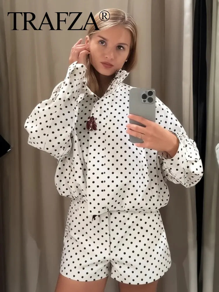TRAFZA Herbst Polka Dot Gedruckt Jacke Für Frauen Lange Ärmel Rollkragen Zipper Mit Taschen Kordelzug Lose Vintage Mäntel.