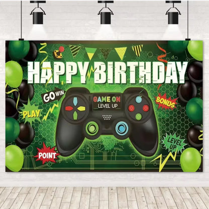 Game On Theme Video Gamer Kids Birthday Party Neon Green Gaming Next Level Up Background Baby Shower Decoration Supplies Props.