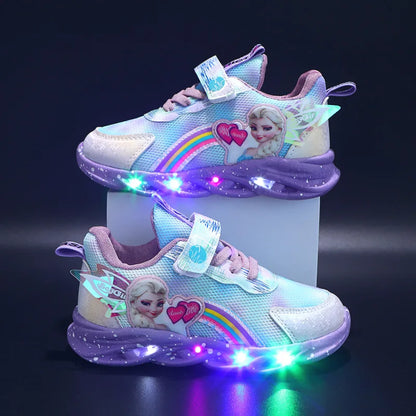 Disney Casual Sneakers LED Lighted For Spring Girls Frozen Elsa Princess Rainbow Outdoor Children Non-slip Pink Purple Shoes.