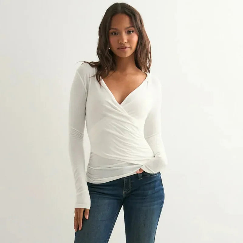 Sexy Solid Color V-neck Long Sleeved T-shirt Top Waist Cinching 2025 Trendy Casual Top for Women.