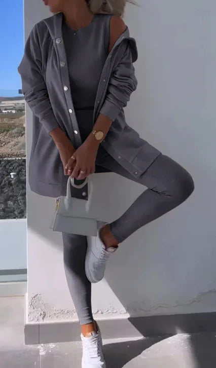 Women 3pcs Clothes Set Solid Color Sports Singel Breasted Shirt Jacket & Sleeveless Cami Tank Top & Slim Skinny Pants.