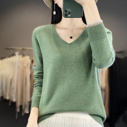 Women 100% Merino Wool Sweater V-Neck Basic Pullover Autumn Winter Cashmere Clothing Long Sleeve Soft Knitwear Tops Solid Color.