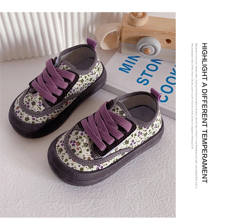 Children Fashion Versatile Soft Canvas Shoes Floral Print Casual Kids Shoes Drop Shipping Lace-up 2023 Spring New for Boys Flats.