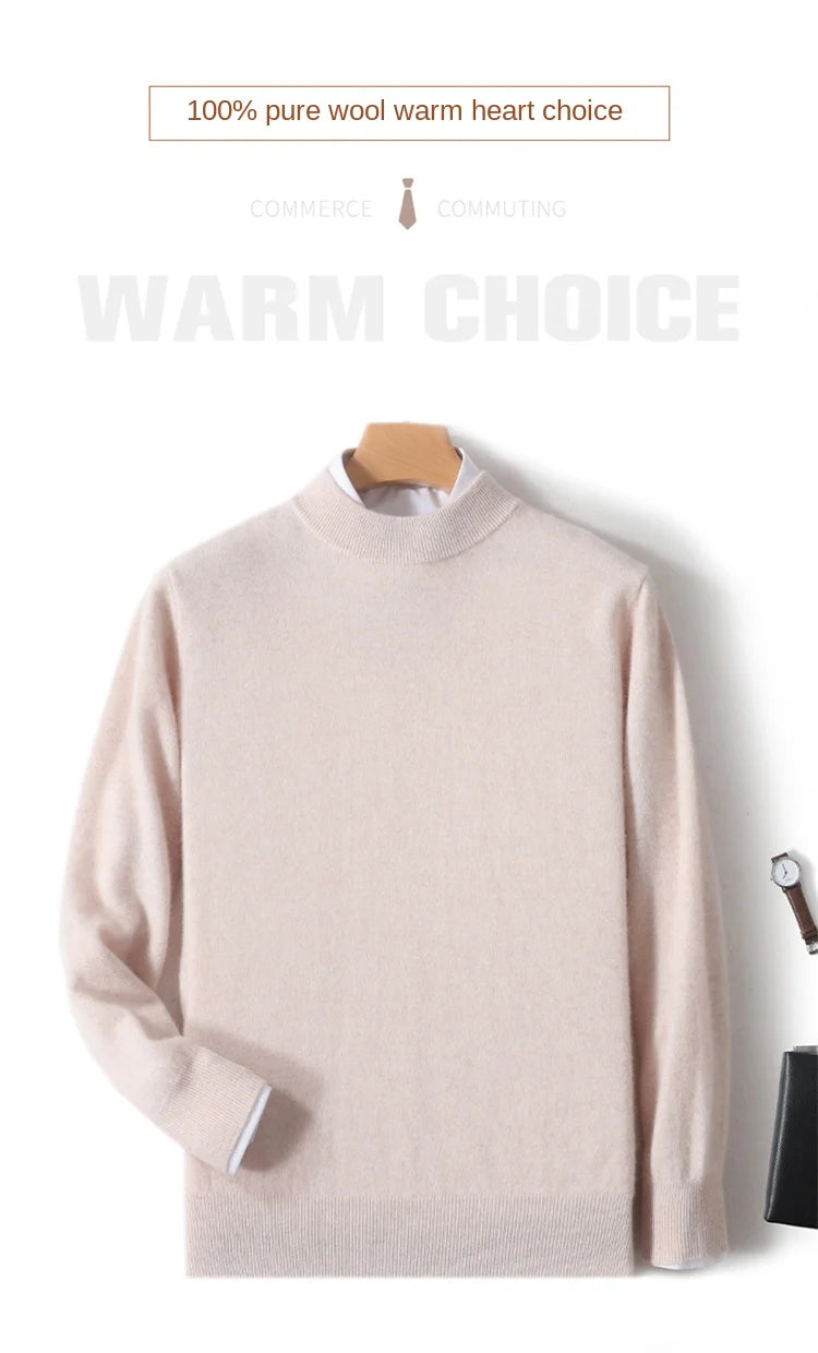 100% Pure Merino Wool Men's Semi High Neck Pullover Solid Color Plus Size Casual Sweater Autumn And Winter Sports Cashmere Top.