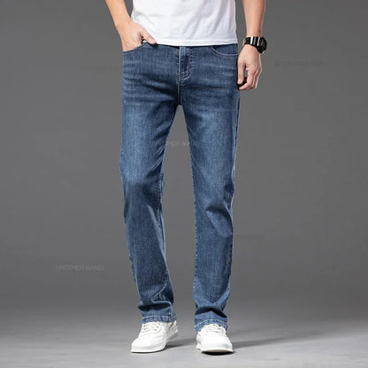 Spring Summer Thin Men's Classic Jeans Elastic Loose Straight Cotton Casual Denim Trousers Brand Clothing Business Male Pants.