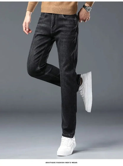 2025 New Stretch Jeans Men's Regular Classic Business Slim Trousers Black Blue Straight Male Y2K Brand Clothing Pants Size 29-40