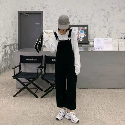 Jumpsuits Women Solid Retro Japanese Style Streetwear Denim Suspenders Trousers Harajuku Stylish Hip Hop Straight Overalls Teens.