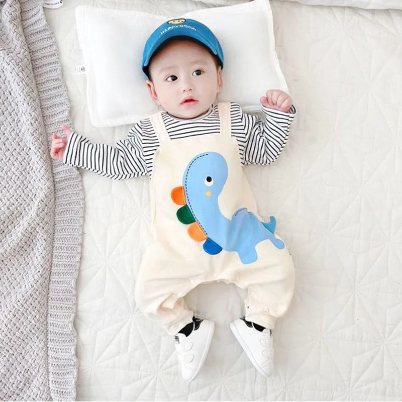 2024 herbst Baby Kleidung Neugeborenen Overall Infant Jungen Falsche 2 Stücke Streifen Patchwork Strampler Kleinkind Cartoon Dinosaurier Ein Stück.