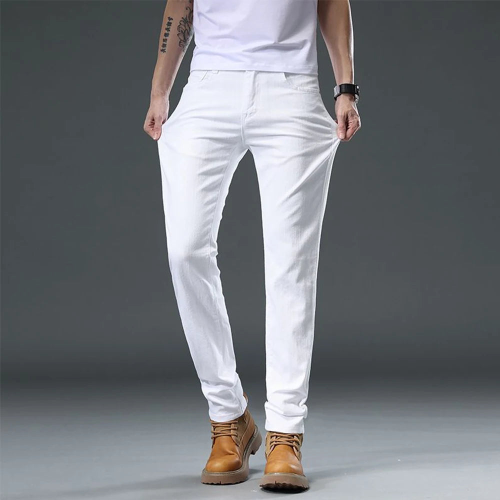 2025 Autumn Men's White Slim Fit Straight Jeans Casual Stretch Denim Pants Comfortable Fashion Streetwear Male Brand Clothing.