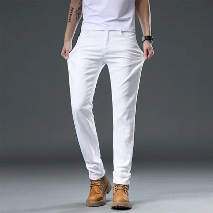 2025 Autumn Men's White Slim Fit Straight Jeans Casual Stretch Denim Pants Comfortable Fashion Streetwear Male Brand Clothing.