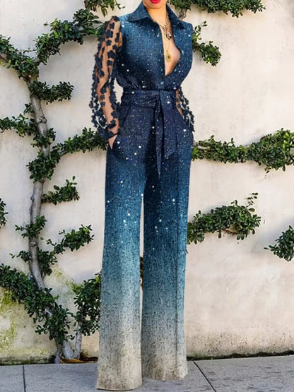 Sexy Fashion Lace Long Sleeve High Waist Single Breasted Wide Leg Pants Overalls Romper Onepices Elegant Women Corset Jumpsuit.