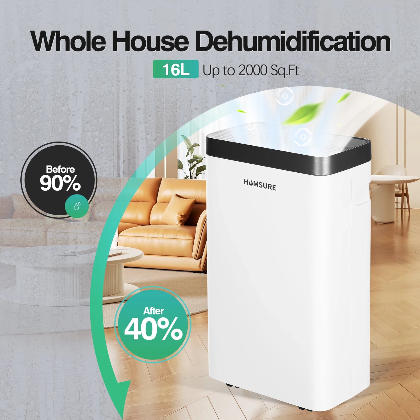 HUMSURE Dehumidifier 16 L/Day, Electric Dehumidifier with Drain Hose 1.2 m, Room Dehumidifier with LED Display.
