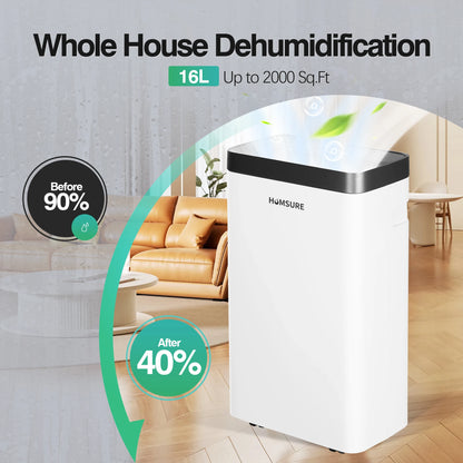 HUMSURE Dehumidifier 16 L/Day, Electric Dehumidifier with Drain Hose 1.2 m, Room Dehumidifier with LED Display.