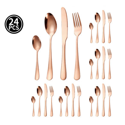 24pcs Golden Tableware Set Light Luxury Stainless Steel Cutlery Fork Knife Spoon Dinnerware Set Minimalist Decor with Gift Box