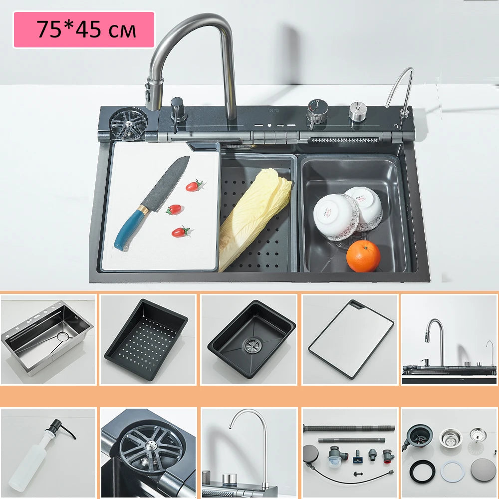 Große 304 Küchenspülen, 75 x 45 cm, Edelstahl, Küchen-Wasserfall-Waschbecken, Digitalanzeige, großes Einzelwaschbecken, Geschirrspüler-Wasserhahn