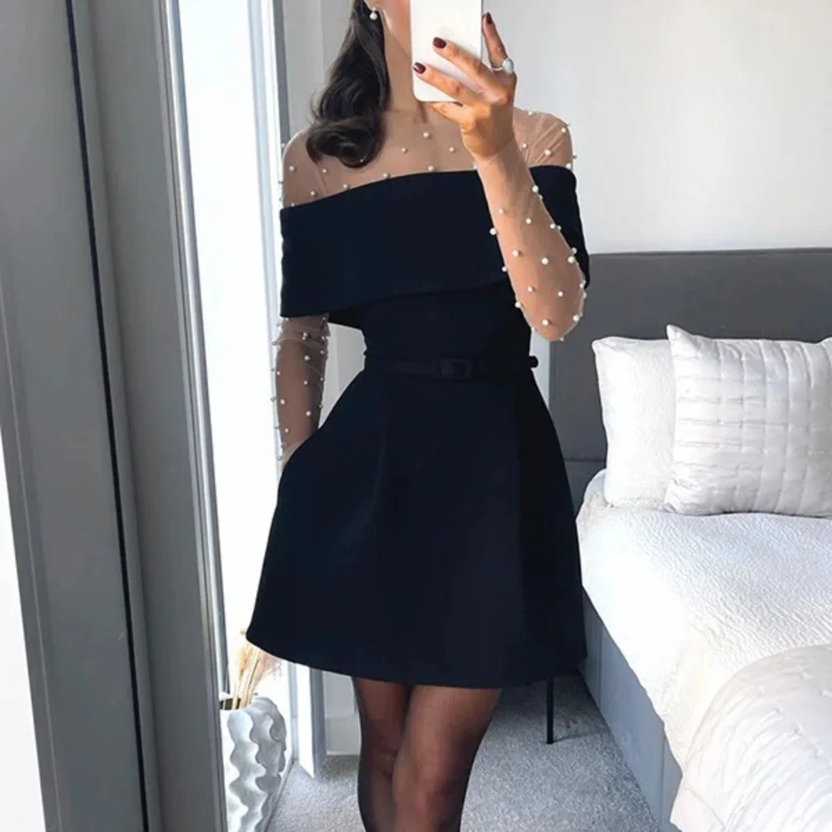 Elegant Women Slim Fit Bodysuit Rompers Pearls Beaded Patchwork One Piece Jumpsuit Causal See-through Tulle Long Sleeve Playsuit.