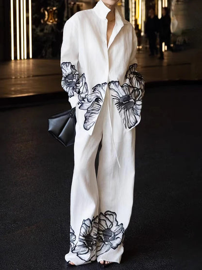 TWOTWINSTYLE Hit Color Loose Casual Two Piece Set For Women Lapel Long Sleeve Loose Top High Waist Temperament Pant Sets Female.