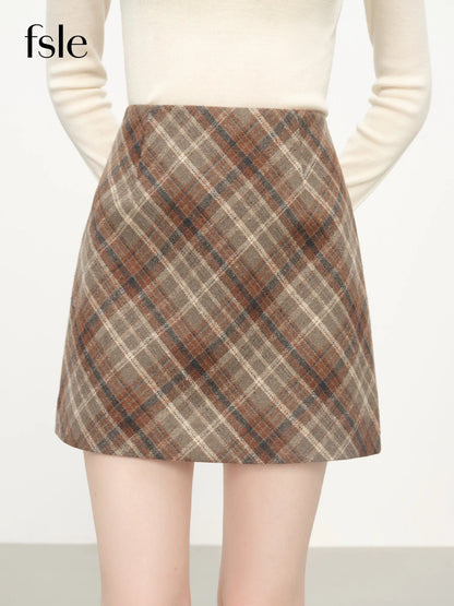 FSLE Autumn Party Skirt High Waist Retro Plaid Knit WoolShort Skirt For Women 2025 Fall Winter New Arrival Y2K Mini A-line Skirt.