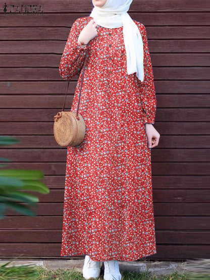 ZANZEA Islamic Women Floral Print Maxi Dress Long Sleeve Loose Casual Abaya Robes 2025 Spring Muslim Hijab O Neck Kaftan Dresses.