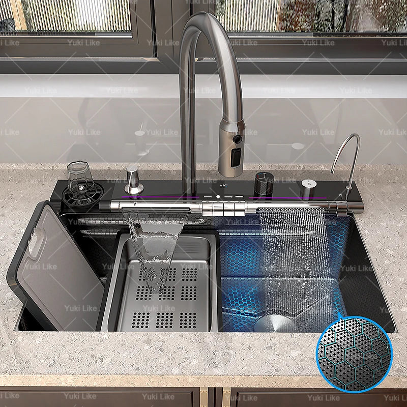 Stainless Steel Waterfall Kitchen Sink Extra Large Single Slot Multifunctional Sinks Digital Display Dishwashing Basin
