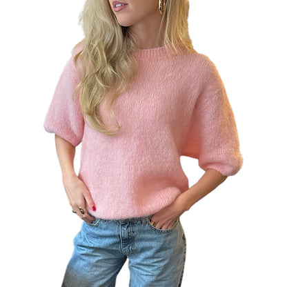 Damen Frühling Herbst Strickpullover Halbarm O Hals Einfarbig Lässige Strickwaren