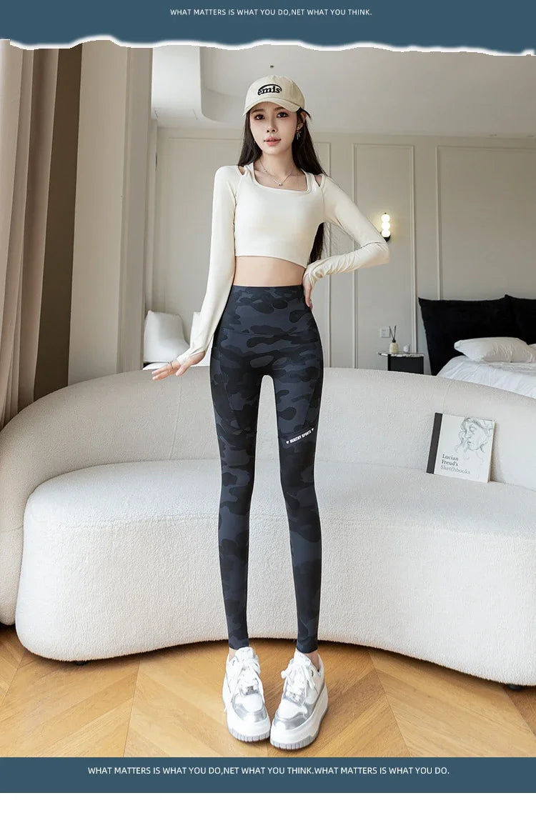 Women Camo Shark Pants High Waist Pocket Leggings Big Size Stretchy Casual Pants Fashion Skinny Yoga Fitness Pants.