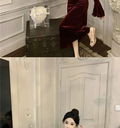 Internet Celebrity High-End-Samtkleid Leichtes, temperamentvolles, hoch tailliertes, schlankes, burgunderrotes Fischschwanzkleid