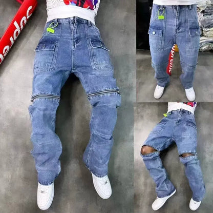 2025 Vintage Men's Jeans Distressed Vibe Bell Bottoms Clean Fit Woodworking Workwear Denim Pants For Outdoor Trade.