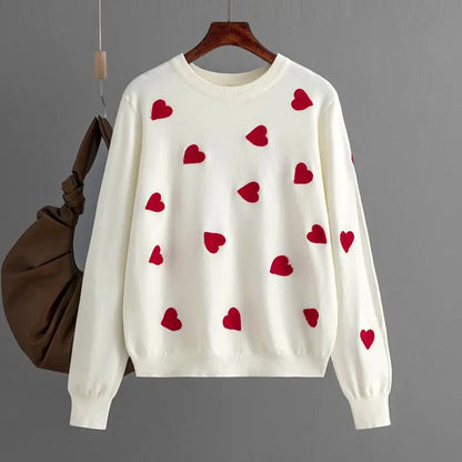 Frauen Herz Druck Gestrickte Pullover Herbst Winter Lose Pullover Elegante Strickwaren Jumper Valentinstag Tops.