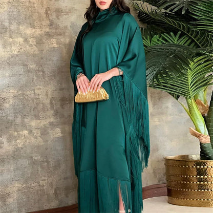 Eid Satin Luxury Green White Black Pink Khimar Tassel Butterfly Batwing Abaya For Women Islam Muslim Maxi Dress Kaftan Kebaya.