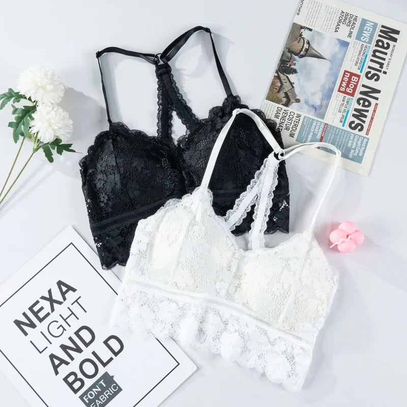Women White Crop Tops Lace Print Camisole Sexy Hollow Backless Bra Removable Chest Pad Bralette Solid Beauty Back Tank Top.