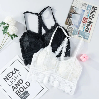 Women White Crop Tops Lace Print Camisole Sexy Hollow Backless Bra Removable Chest Pad Bralette Solid Beauty Back Tank Top.