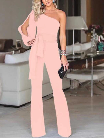 2025 Summer New Women's High Waist Tie Up Solid Color Slim Fit Sexy Jumpsuit Slant Shoulder Elegant Banquet Women's Wear.