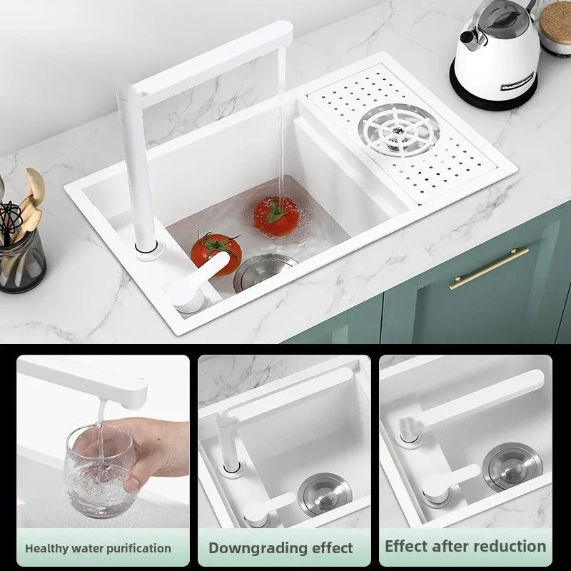 55 cm x 32 cm weißes, verstecktes Küchenspülbecken-Set, zusammenklappbares Wasserhahn-Abflussrohr, einklappbares Unterbauwaschbecken, kleines Waschbecken aus Edelstahl