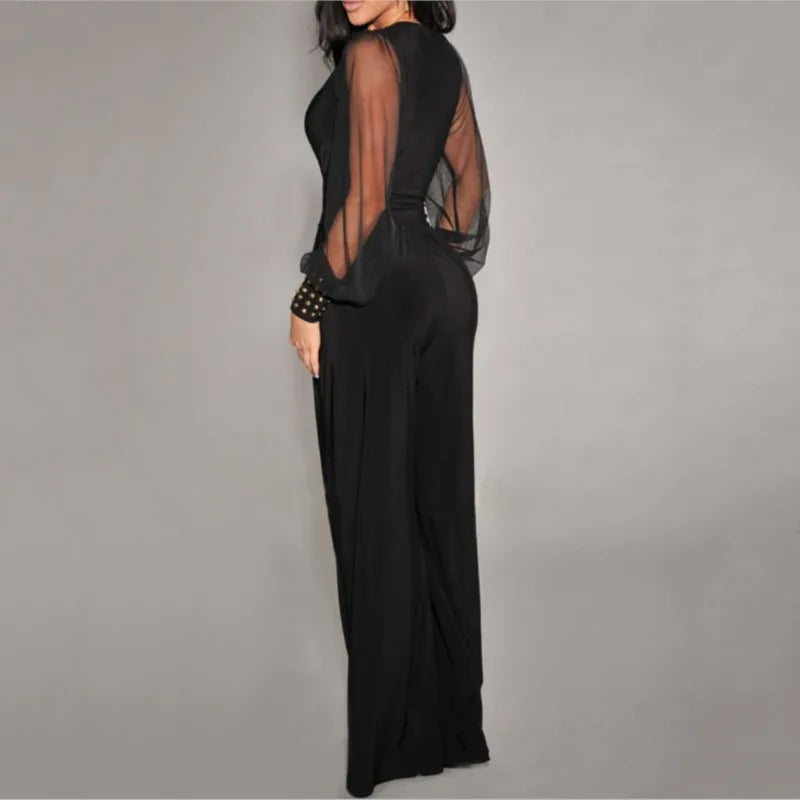 Autumn New Women's Jumpsuit Black V-neck Mesh Splicing Wide-leg Pant Female One-piece Jumpsuit Sexy Streetwear Clothes.