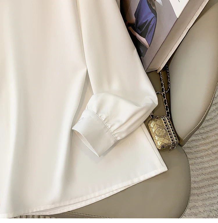 Loose Long Sleeve V-Neck Work Shirt for Women Plus Size Women's Blouses Fashion Versatile Autumn Bow Tops Trendy Business Shirts.