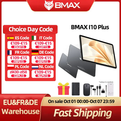 BMAX I10 Plus Android 15 10.1" HD Screen 4GB+8GB Expansion 128GB Storage UNISOC T606 ARM Mail G57  Dual Band Wi-Fi Tablet.