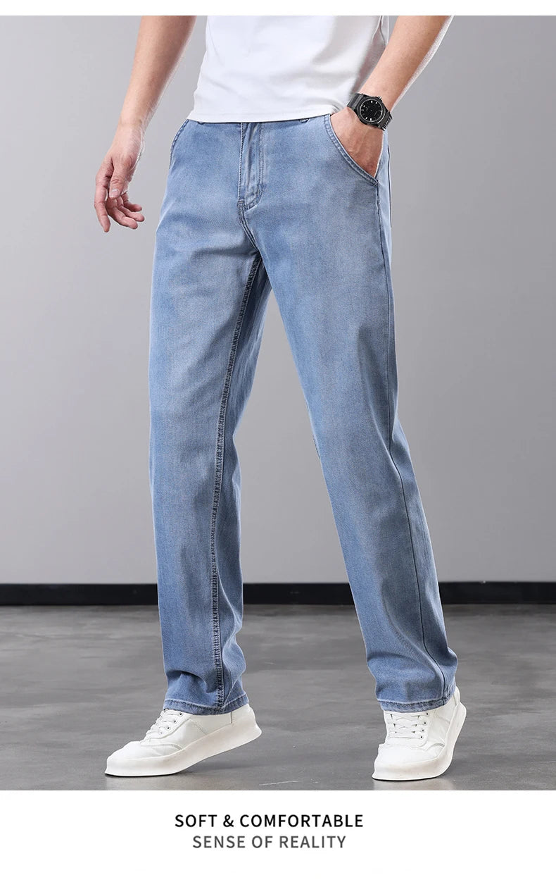 Summer Thin Men's Jeans Lyocell Fabric Soft Breathable Straight Denim Pants Brand Man Elastic Ice Silk Casual Trousers Grey Blue.