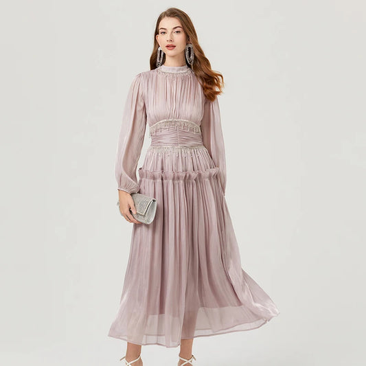 Französisch Luxus Kristall Perlen Quaste Glanz Roben Urlaub Frauen stehen Laterne Ärmel Rüschen plissiert formale Gelegenheit Ballkleid 622.