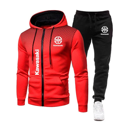 Kawasaki Logo Motorcycle Racing Men's Polka Dot Hoodie Set Fashion Men's Zipper Sports Set Sports Set.