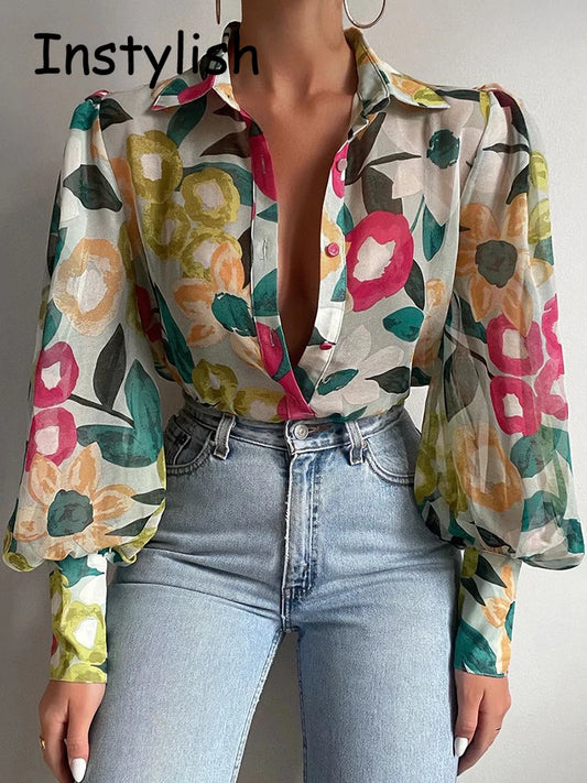 Women Elegant Floral Print Puff Long Sleeve V Neck Blouse Spring Summer Office Button Luxury Shirt Vintage Oversized Tops Tunics.