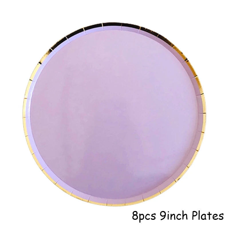 Purple Gold Party Paper Cup Plate Straw For Birthday Carnival Kids Favors Wedding Decor Disposable Tableware Party Supplies.