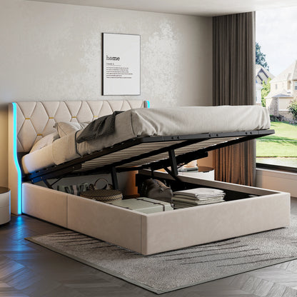 Comanlai 140 x 200 cm/160 x 200 cm hydraulisches Bett mit Stauraum, gepolstertes Bett mit Kopfteil, Kopfteil mit LED-Leuchten, Doppelbett, Flanell