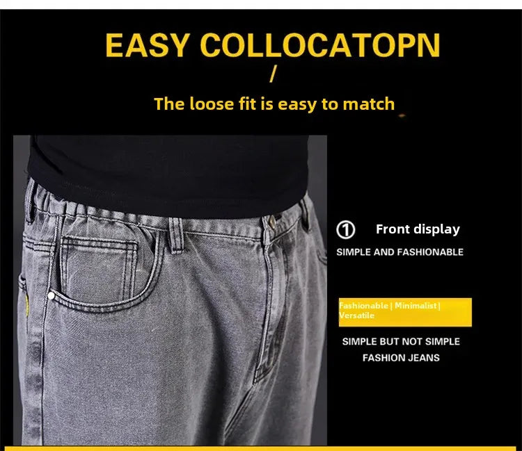 Plus Size Jeans Men's Autumn Loose-Fit Straight-Leg Casual Denim Pants Elastic Waist Wide-Leg Design For Plus Size Men.